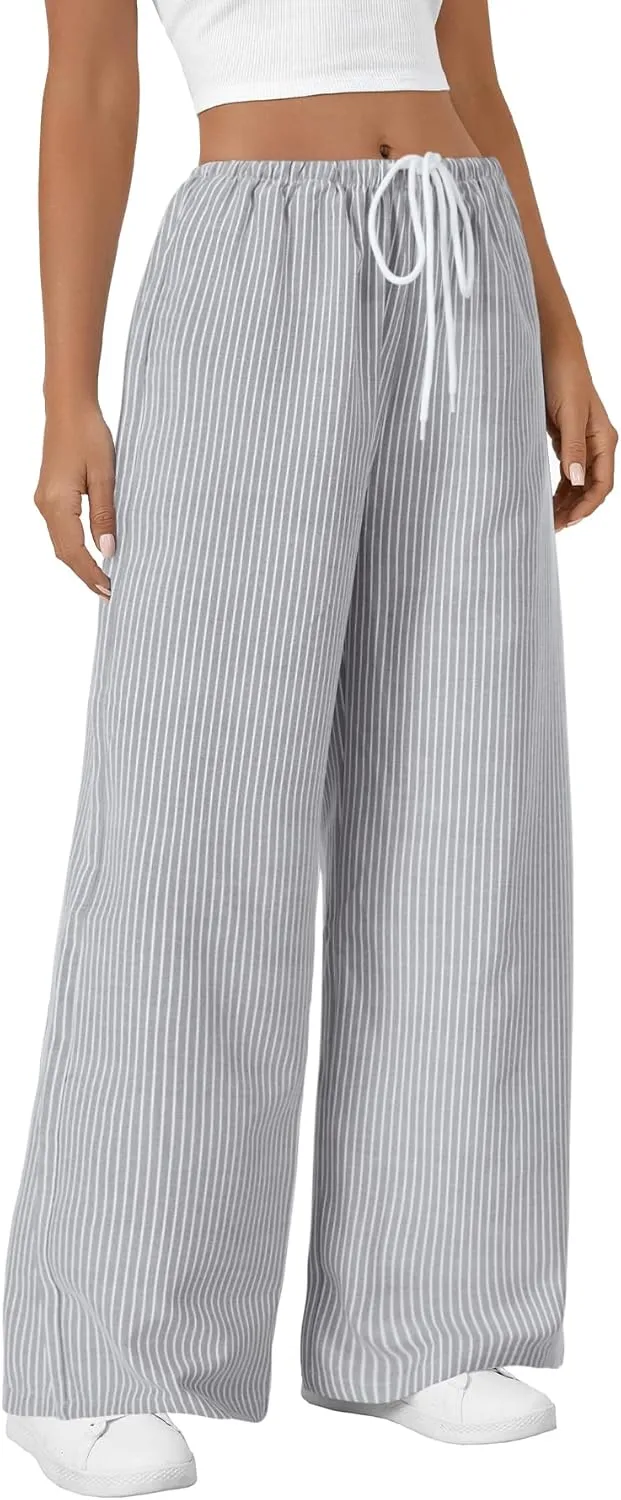 LYANER Women's Wide Leg Striped Pants Casual Drawstring Elastic Low Rise Pajama Pants Lounge Wear Trousers