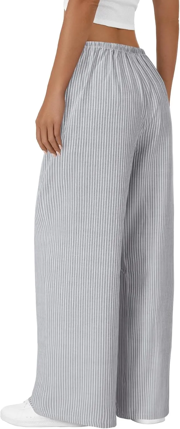 LYANER Women's Wide Leg Striped Pants Casual Drawstring Elastic Low Rise Pajama Pants Lounge Wear Trousers