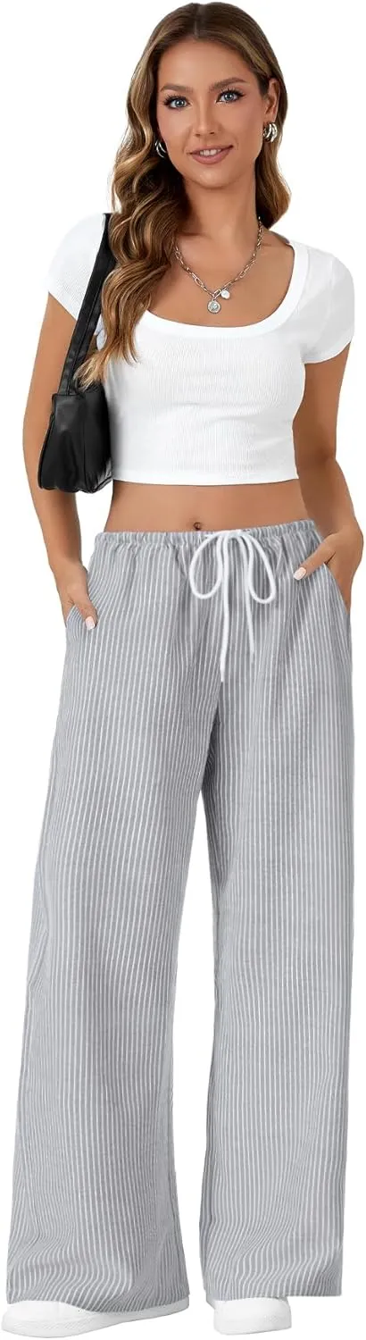 LYANER Women's Wide Leg Striped Pants Casual Drawstring Elastic Low Rise Pajama Pants Lounge Wear Trousers