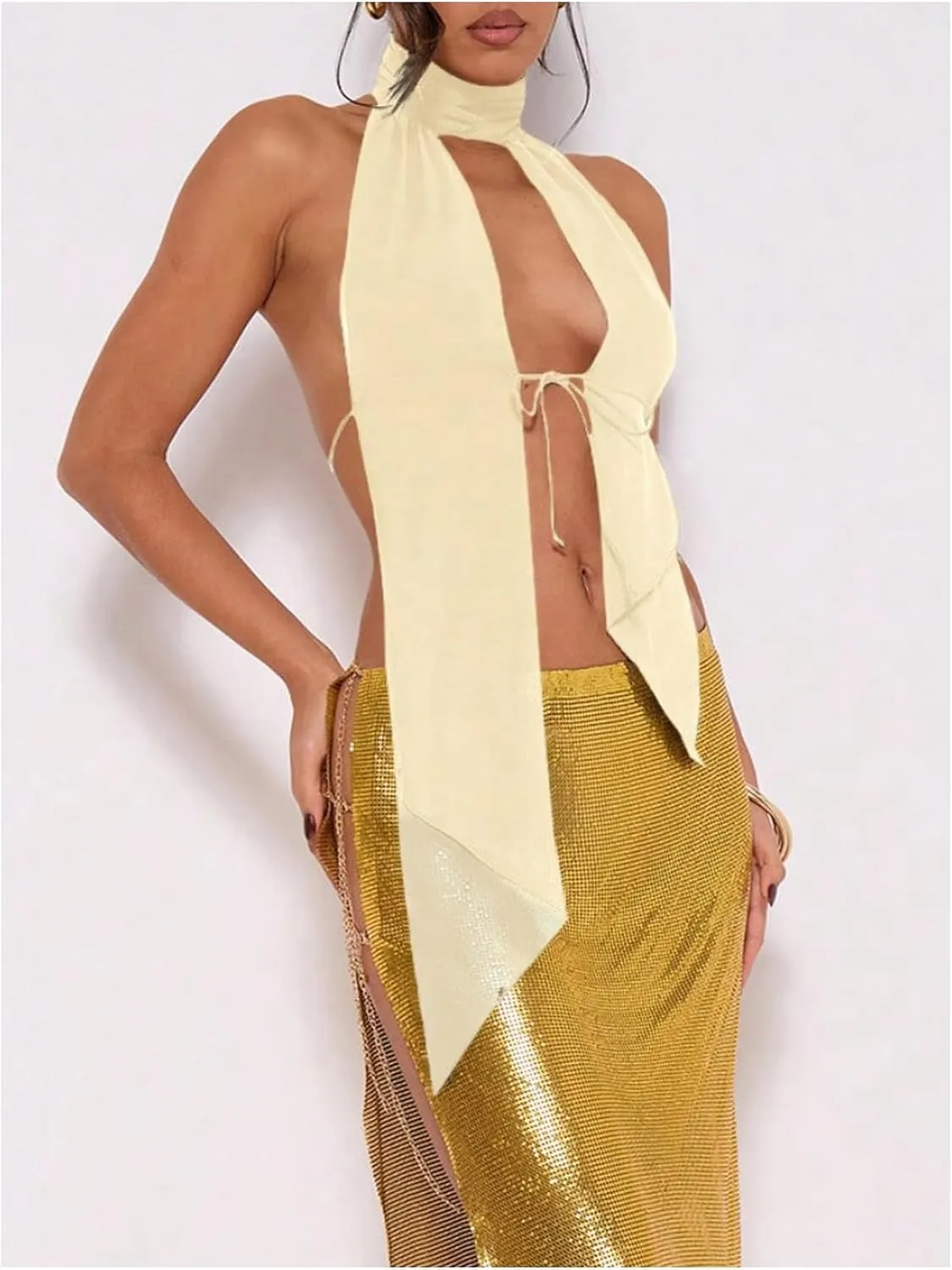 MakeMeChic Women's Cheetah Print Halter Top Y2K Tie Front Backless Club Going Out Tank Tops