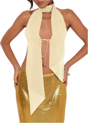 MakeMeChic Women's Cheetah Print Halter Top Y2K Tie Front Backless Club Going Out Tank Tops