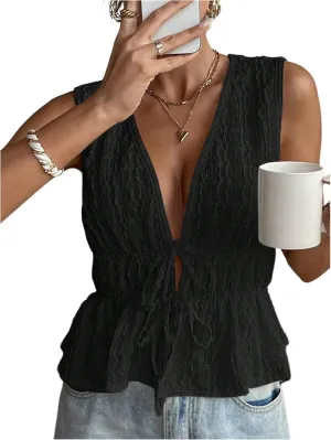MakeMeChic Women's Tie Front V Neck Tank Top Bow Sleeveless Ruffle Hem Crop Tops