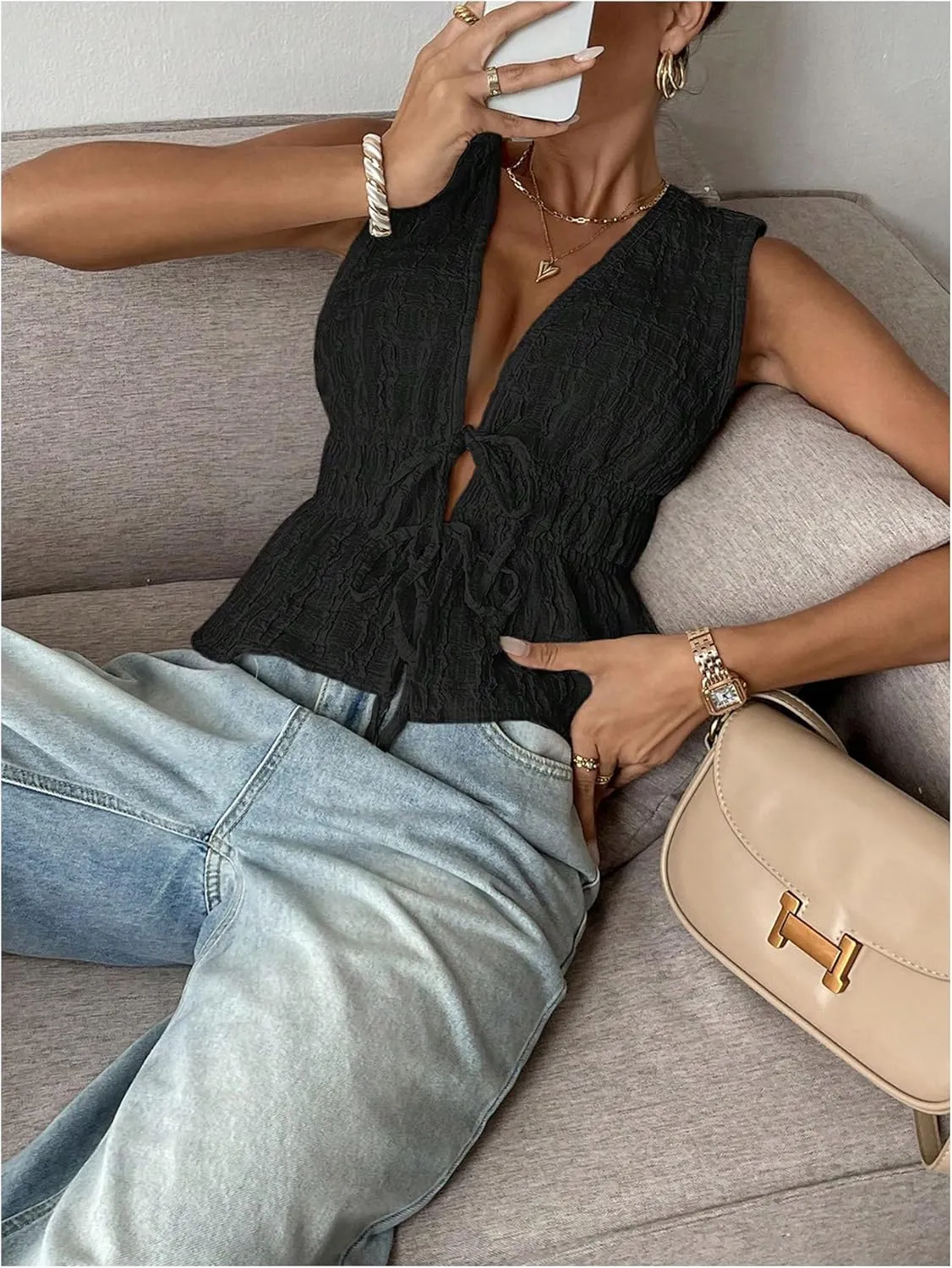 MakeMeChic Women's Tie Front V Neck Tank Top Bow Sleeveless Ruffle Hem Crop Tops
