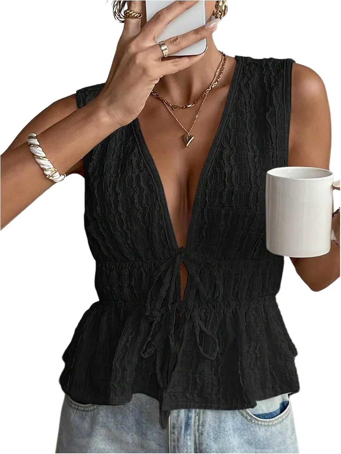 MakeMeChic Women's Tie Front V Neck Tank Top Bow Sleeveless Ruffle Hem Crop Tops