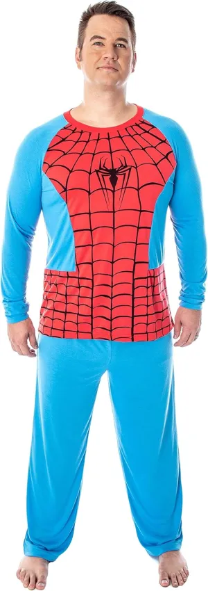 Marvel Men's Spiderman Classic Superhero Costume Raglan Shirt And Pants 2 Piece Pajama Set
