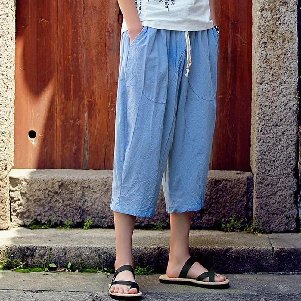 Maryia Men's Capri Linen Harem Pants Casual Loose Fit Drawstring Hippie Joggers Baggy Yoga Summer Beach Trousers