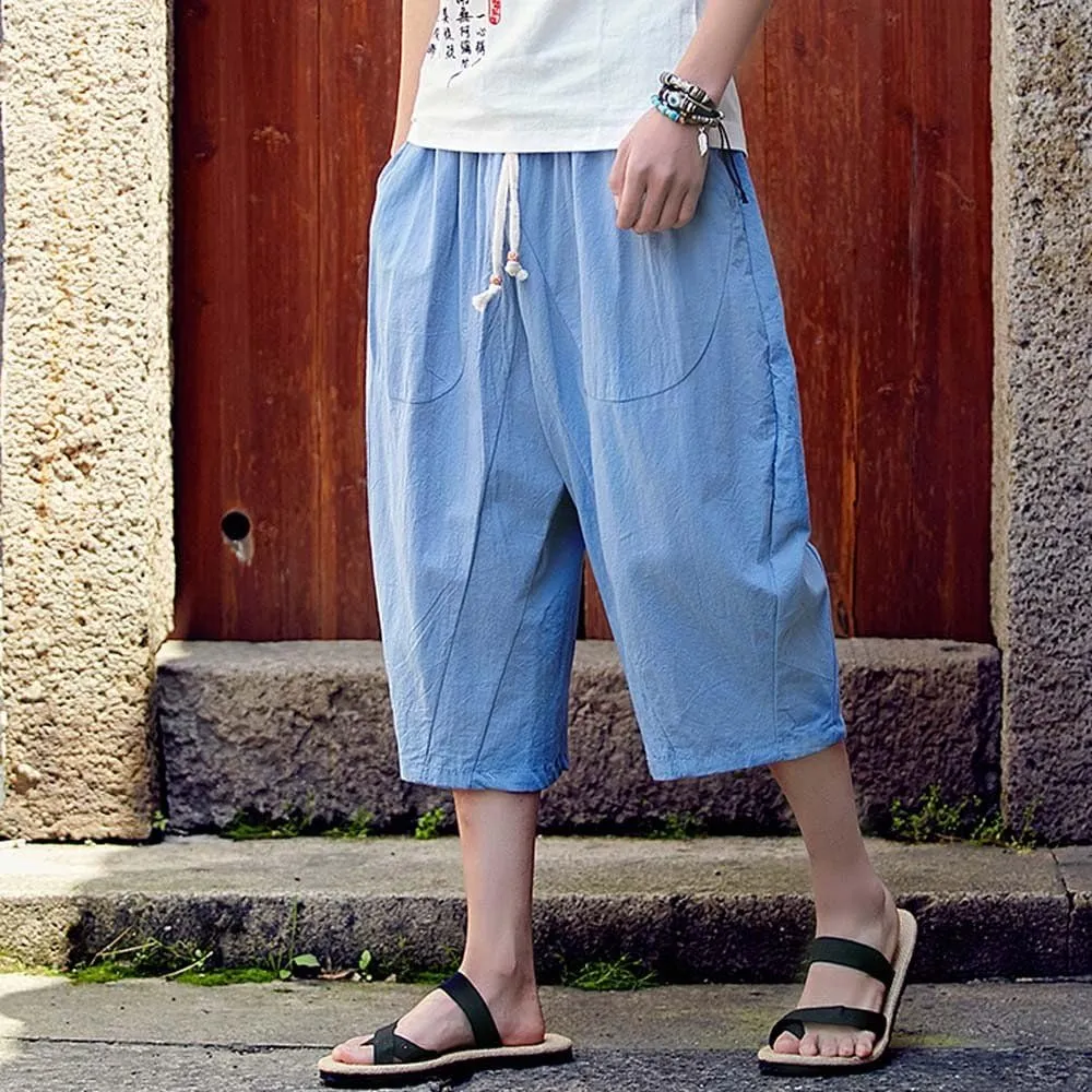 Maryia Men's Capri Linen Harem Pants Casual Loose Fit Drawstring Hippie Joggers Baggy Yoga Summer Beach Trousers