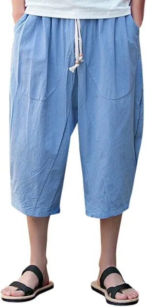Maryia Men's Capri Linen Harem Pants Casual Loose Fit Drawstring Hippie Joggers Baggy Yoga Summer Beach Trousers