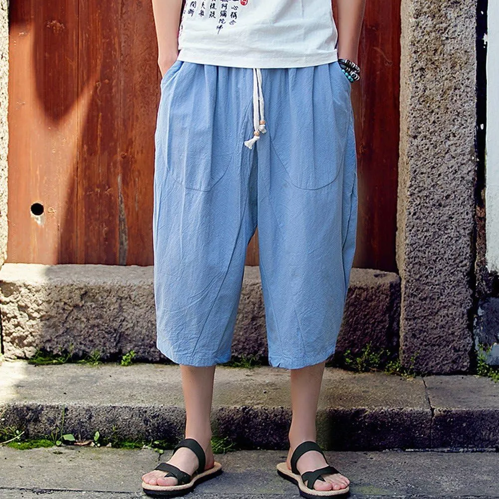 Maryia Men's Capri Linen Harem Pants Casual Loose Fit Drawstring Hippie Joggers Baggy Yoga Summer Beach Trousers
