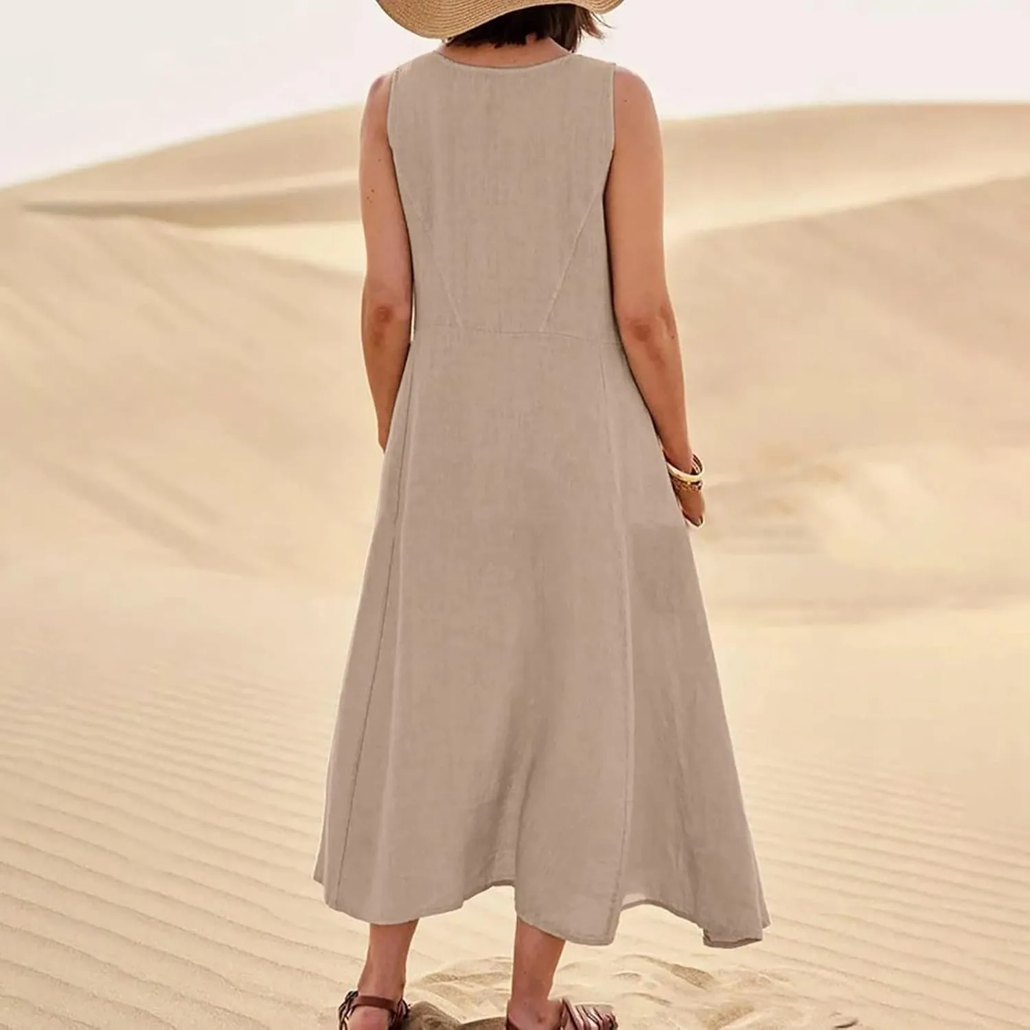 Maxi Floral Dress for Women Plus Size Vacation Scoop Neck Beach Dress with Pockets Long Comfy Flowy Sleeveless Sundress