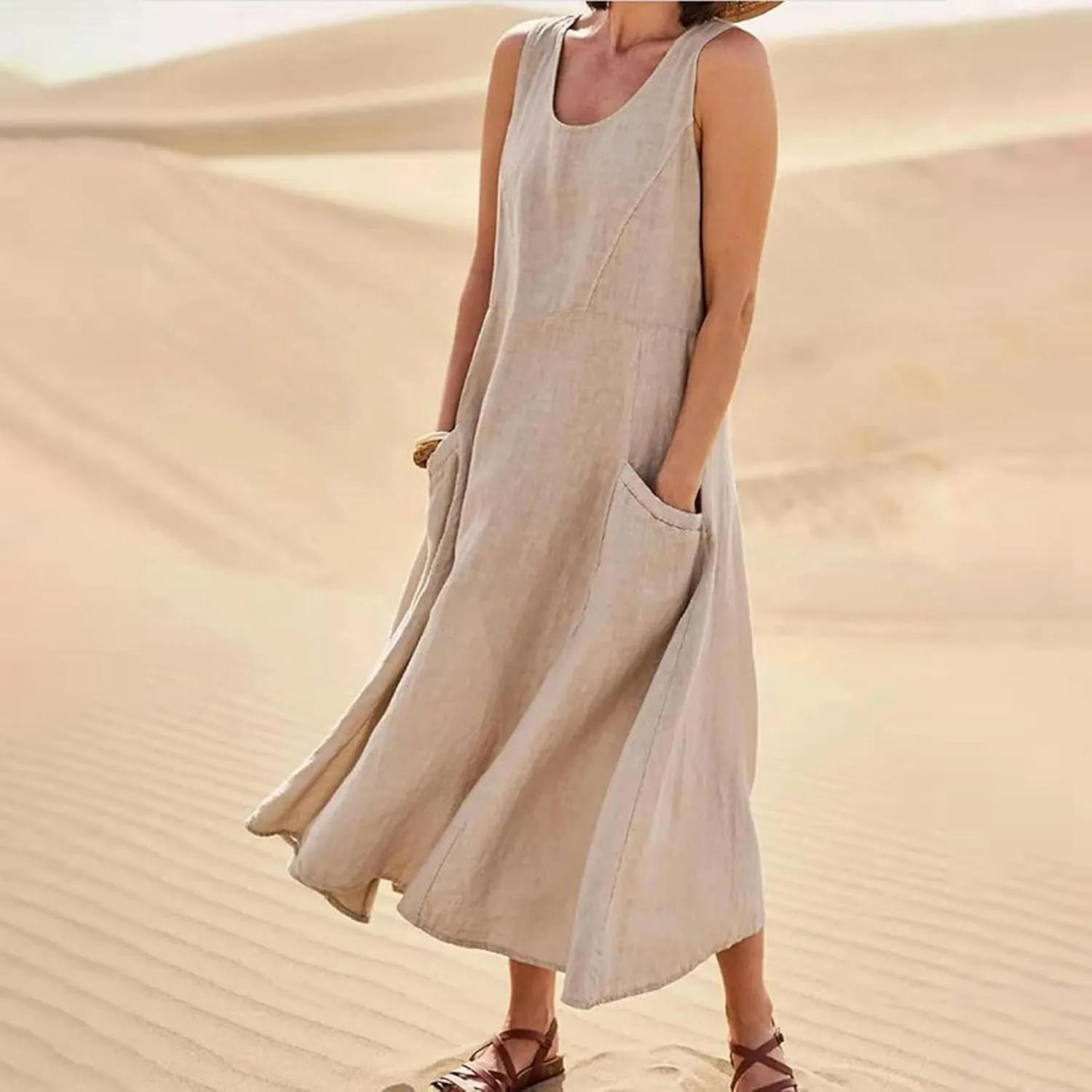 Maxi Floral Dress for Women Plus Size Vacation Scoop Neck Beach Dress with Pockets Long Comfy Flowy Sleeveless Sundress