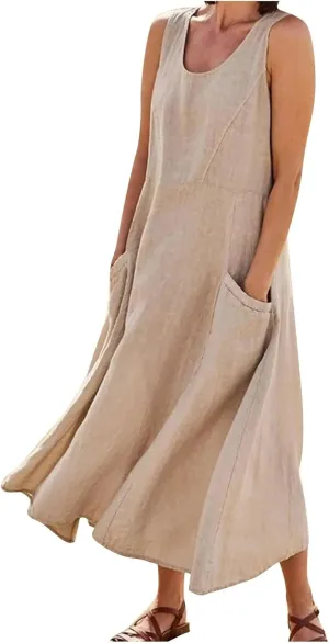 Maxi Floral Dress for Women Plus Size Vacation Scoop Neck Beach Dress with Pockets Long Comfy Flowy Sleeveless Sundress