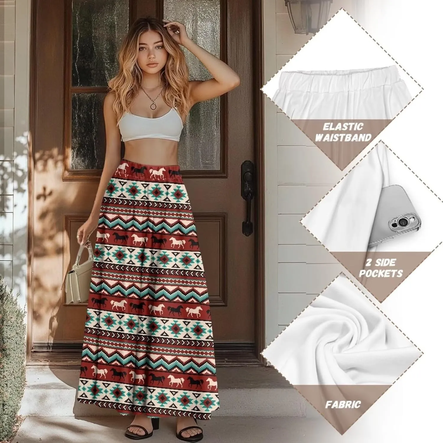 Maxi Skirt for Women Flowy High Waisted Long Skirt with Pockets Swing Skirts for Party Festival Wedding Size S-2XL