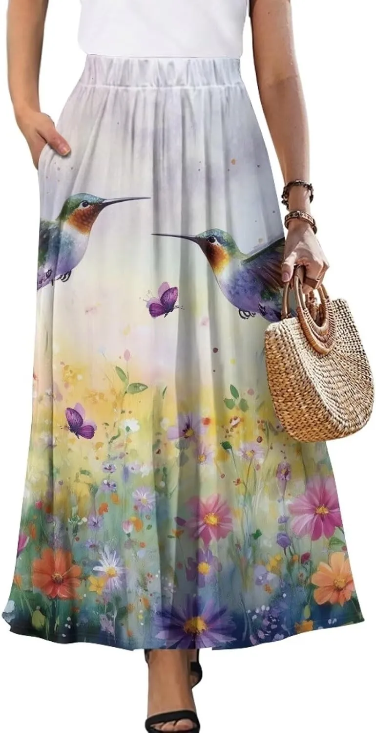 Maxi Skirt for Women Flowy High Waisted Long Skirt with Pockets Swing Skirts for Party Festival Wedding Size S-2XL