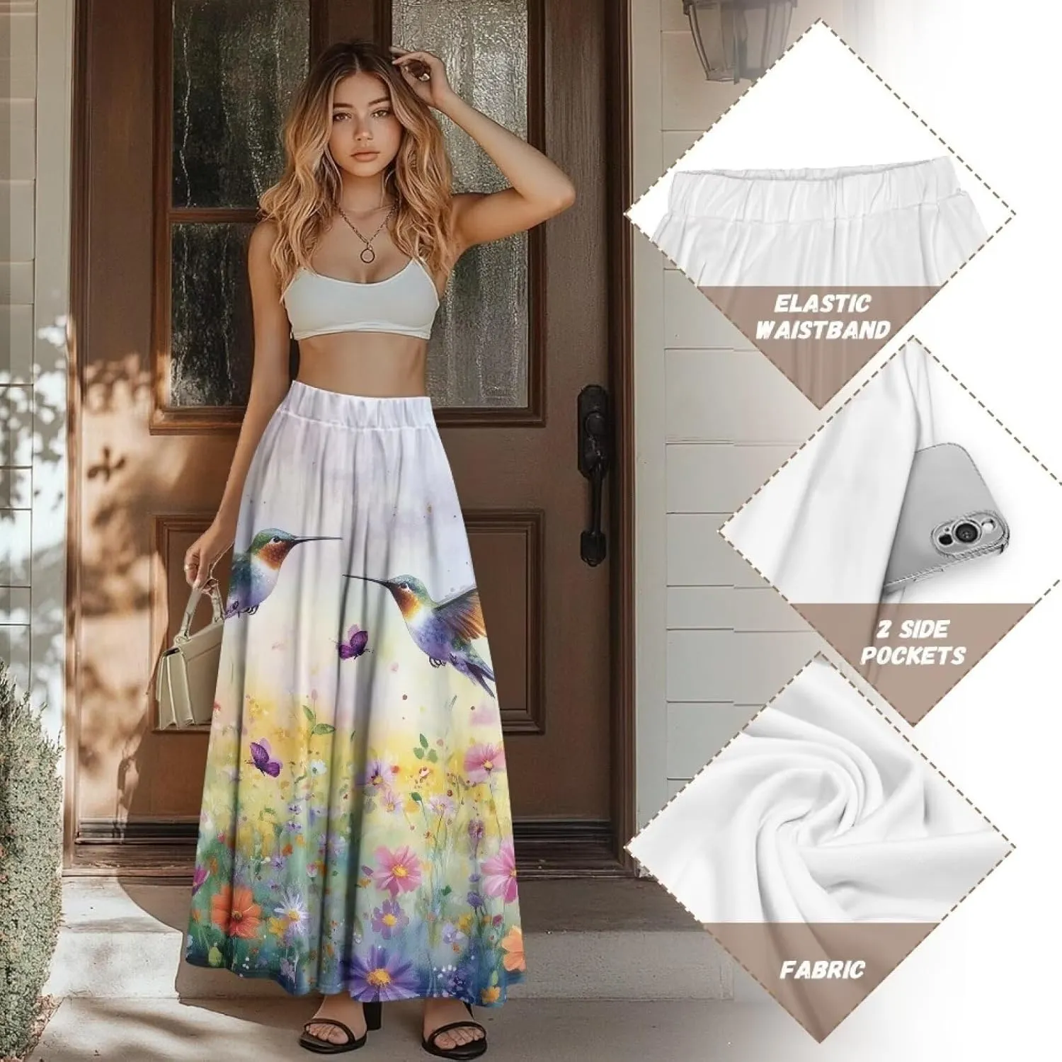 Maxi Skirt for Women Flowy High Waisted Long Skirt with Pockets Swing Skirts for Party Festival Wedding Size S-2XL