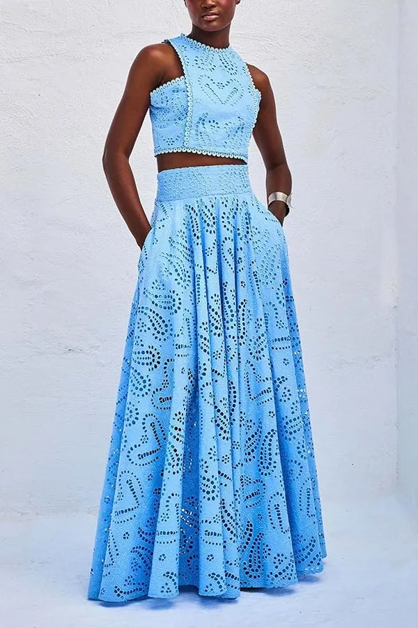 Melliflo Women's Summer 2 Piece Outfits Tank Crop Tops Long Skirt Set Sleeveless Maxi Dress with Pocket Nightclub Party Dress