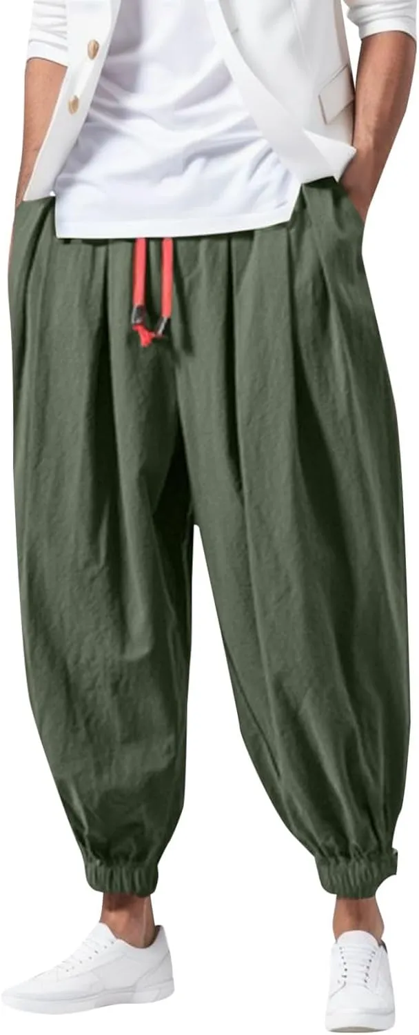 Men Casual Baggy Joggers Sweatpants, Elastic Drawstring Tapered Hippie Harem Pants, Solid Color Loose Fit Pants