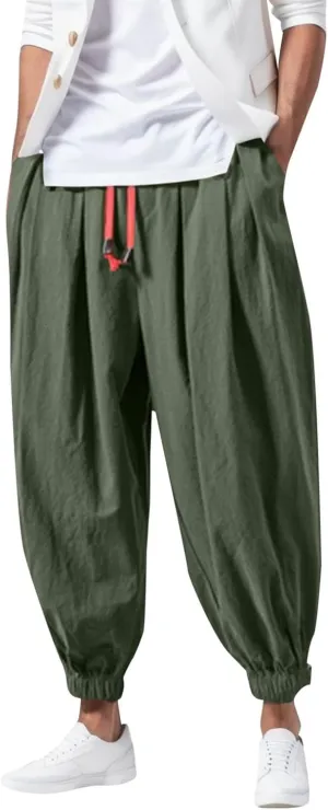 Men Casual Baggy Joggers Sweatpants, Elastic Drawstring Tapered Hippie Harem Pants, Solid Color Loose Fit Pants
