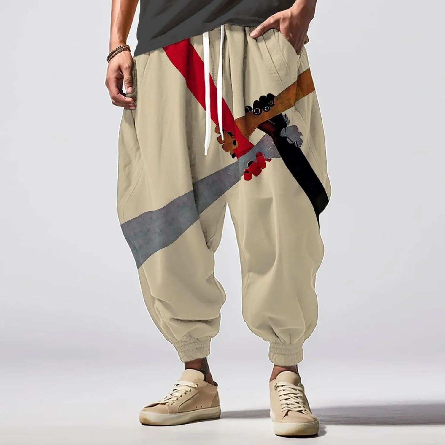 Mens All Over Print Hippie Harem Pants Hip Hop Yoga Drop Crotch Trousers Drawstring Baggy Loose Beach Aladdin Pants
