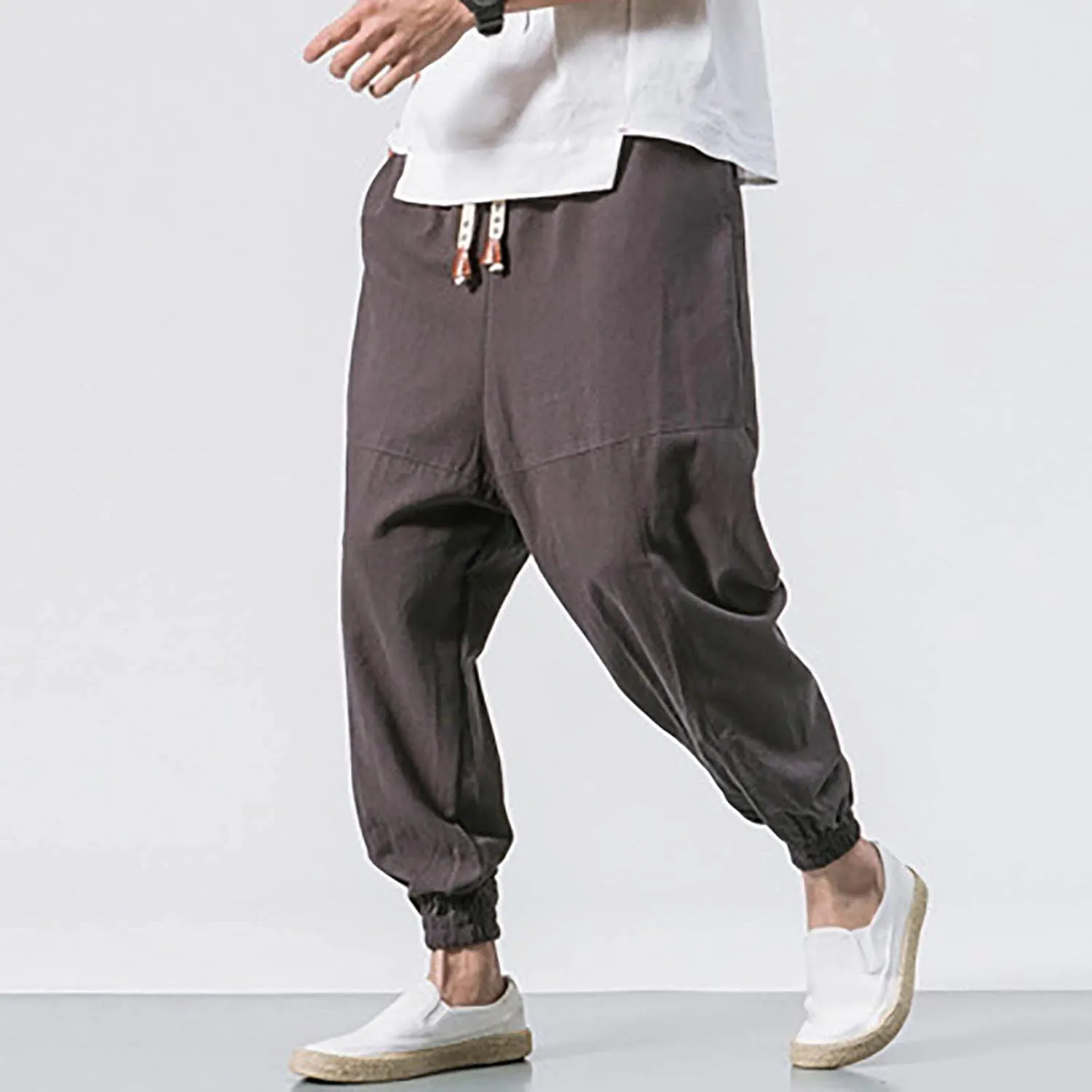 Mens Baggy Pants Drawstring Cotton Linen Wide Leg Yoga Pants Solid Color Baggy Pants