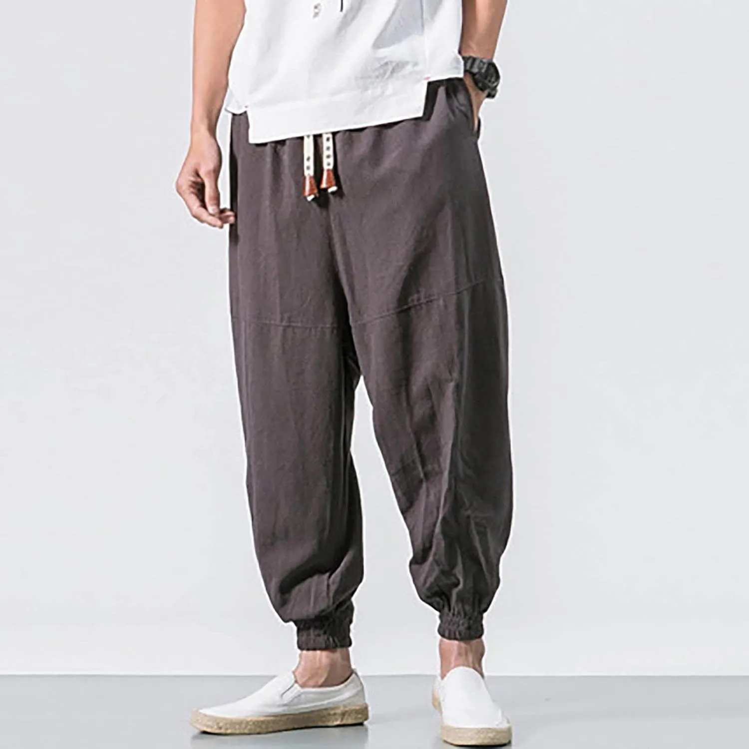 Mens Baggy Pants Drawstring Cotton Linen Wide Leg Yoga Pants Solid Color Baggy Pants