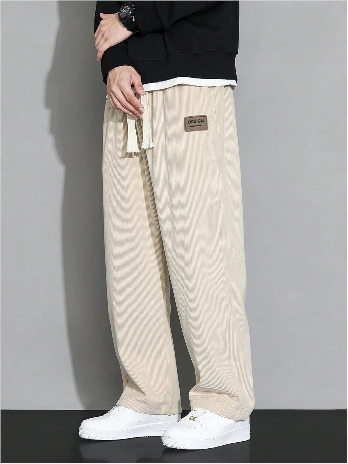 Men's Baggy Pants Tie Front Drawstring Waist Corduroy Pants Casual Loose Straight Leg Pants Trousers