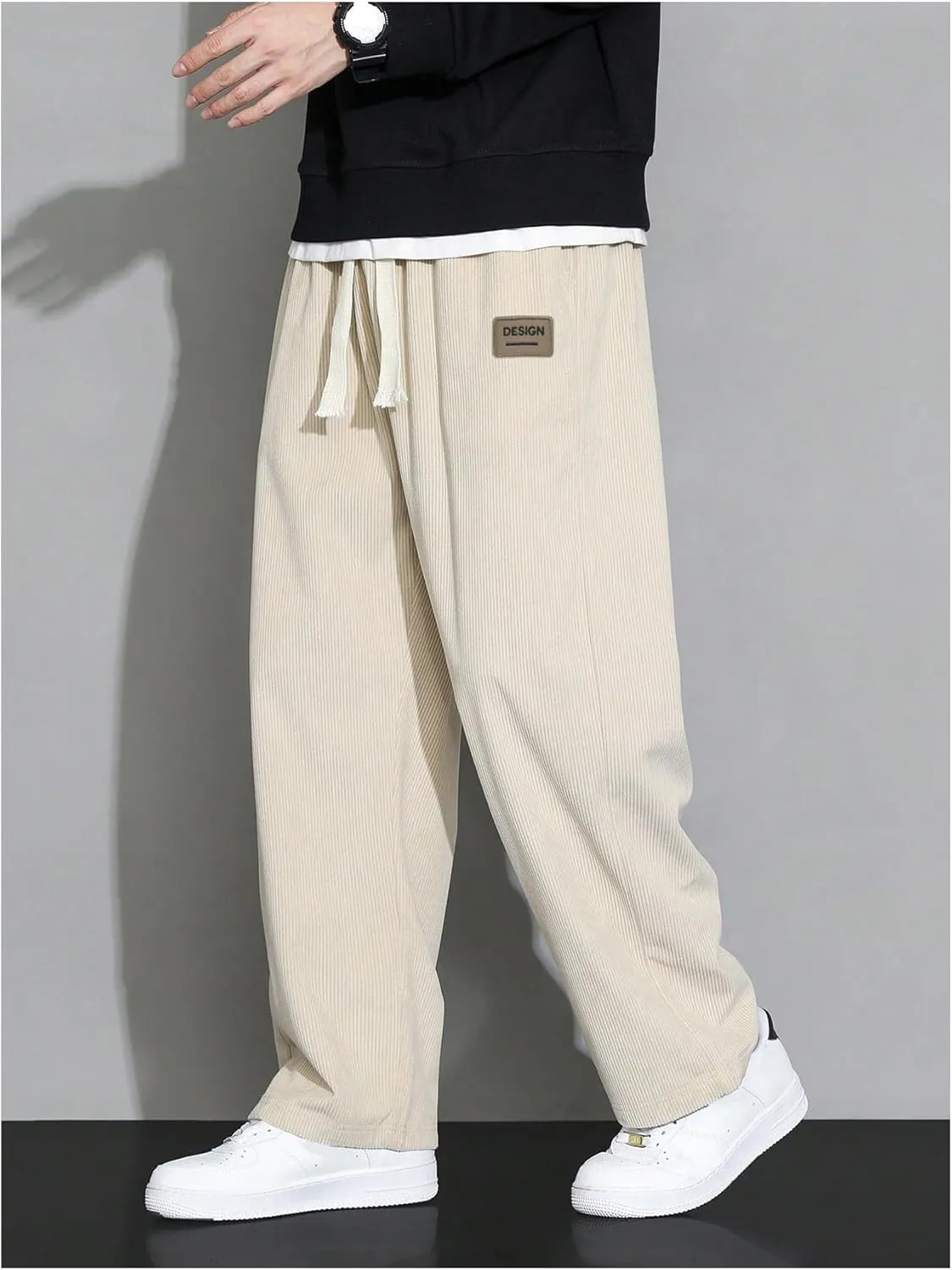 Men's Baggy Pants Tie Front Drawstring Waist Corduroy Pants Casual Loose Straight Leg Pants Trousers