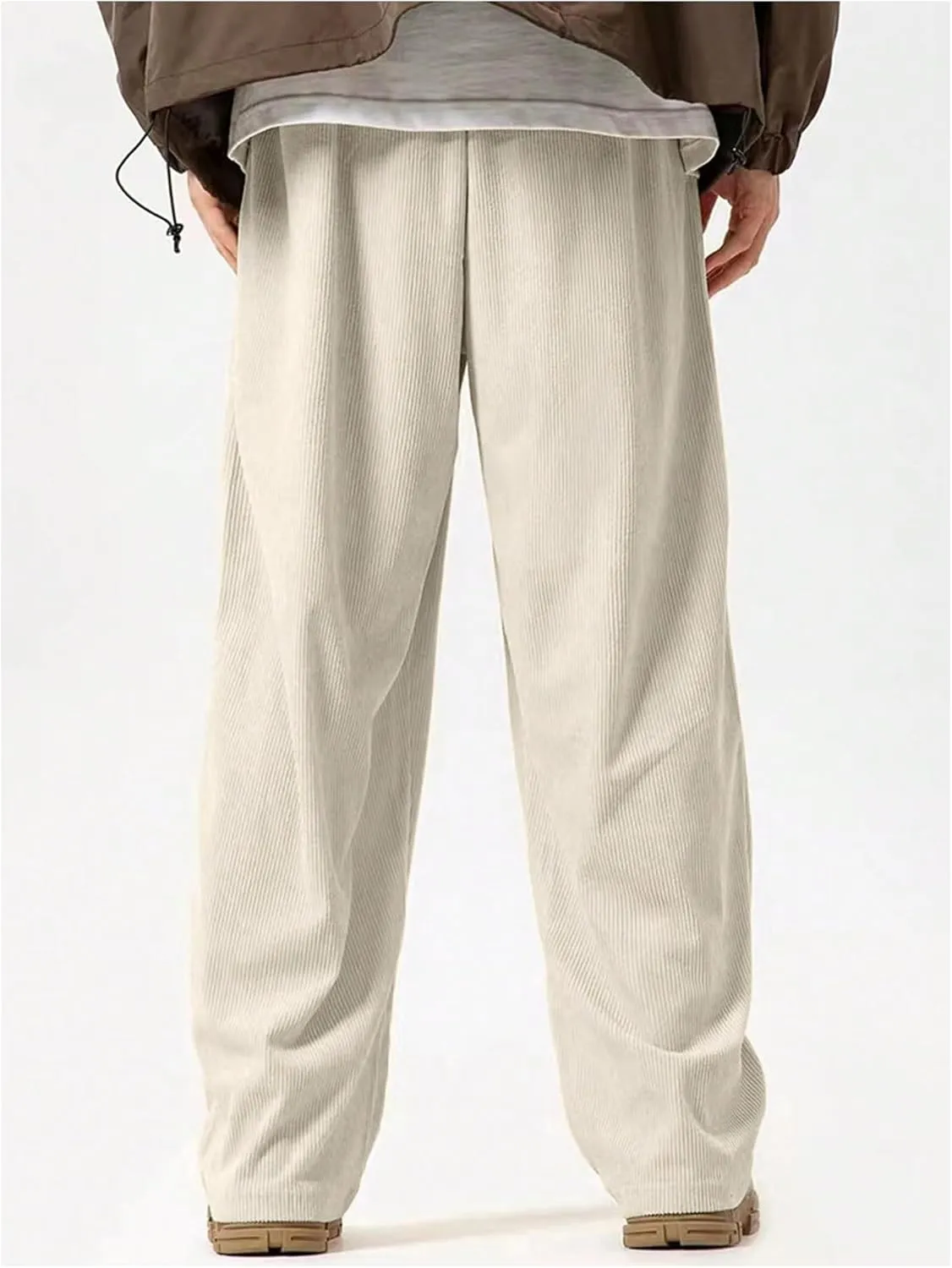 Men's Baggy Pants Tie Front Drawstring Waist Corduroy Pants Casual Loose Straight Leg Pants Trousers