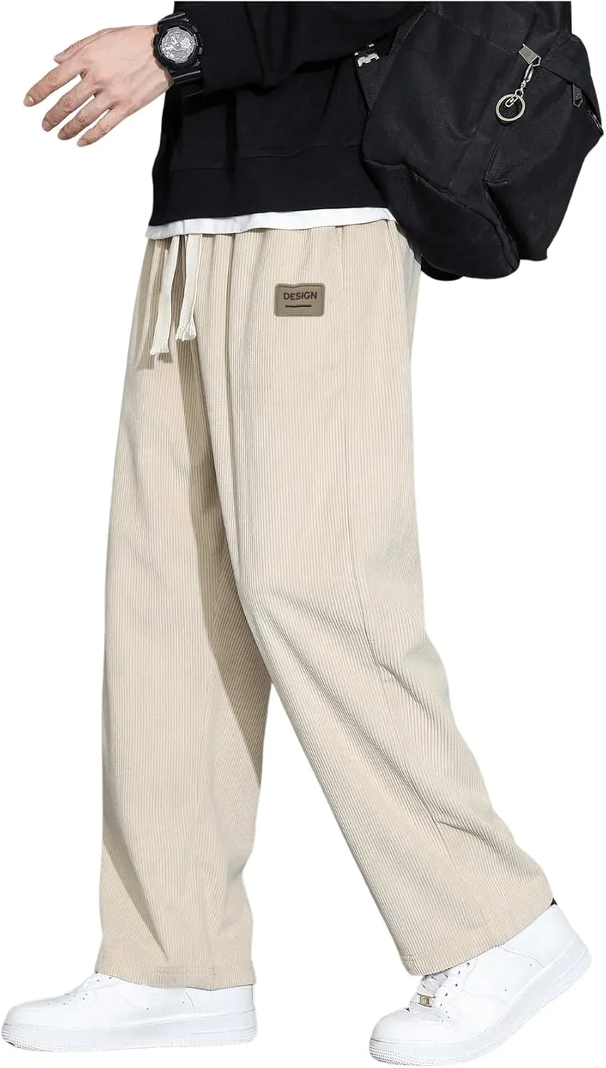 Men's Baggy Pants Tie Front Drawstring Waist Corduroy Pants Casual Loose Straight Leg Pants Trousers