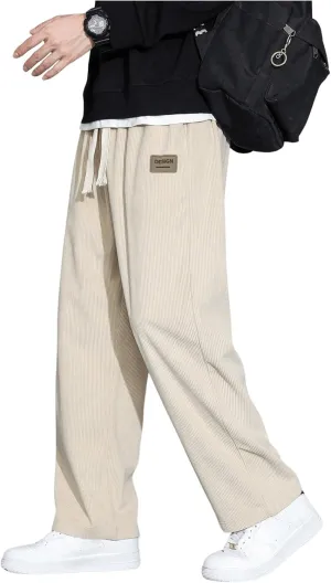 Men's Baggy Pants Tie Front Drawstring Waist Corduroy Pants Casual Loose Straight Leg Pants Trousers