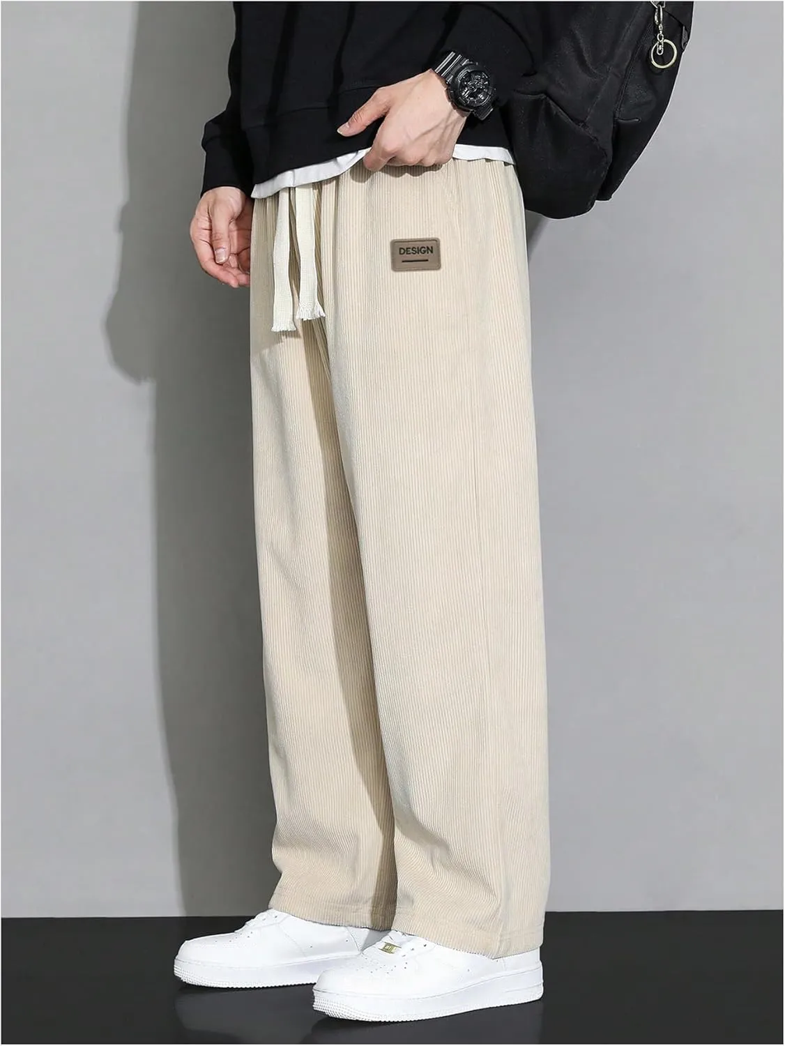 Men's Baggy Pants Tie Front Drawstring Waist Corduroy Pants Casual Loose Straight Leg Pants Trousers