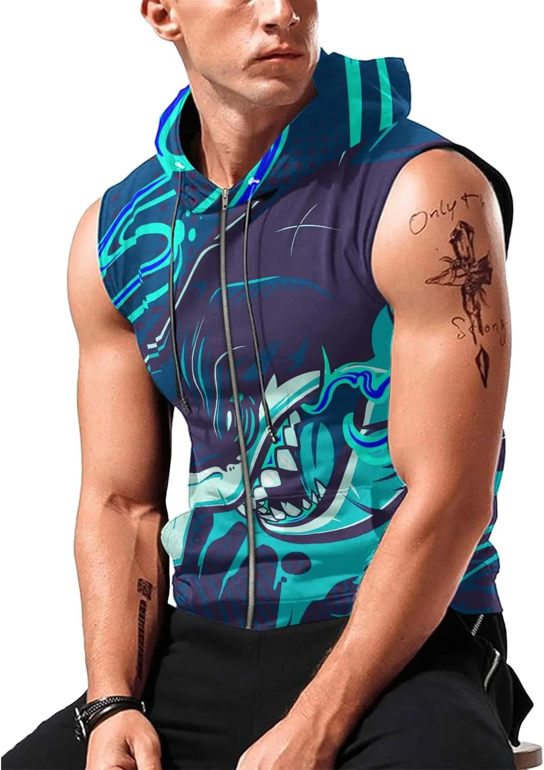 Mens Fashion Muscle Hooded Workout Hooded Tank Tops with Pocket Gym Training Zip Hoodies Sleeveless