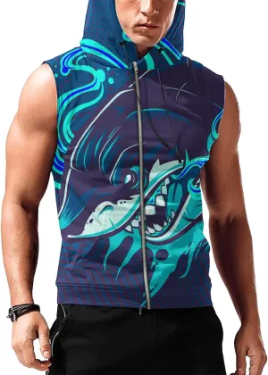 Mens Fashion Muscle Hooded Workout Hooded Tank Tops with Pocket Gym Training Zip Hoodies Sleeveless
