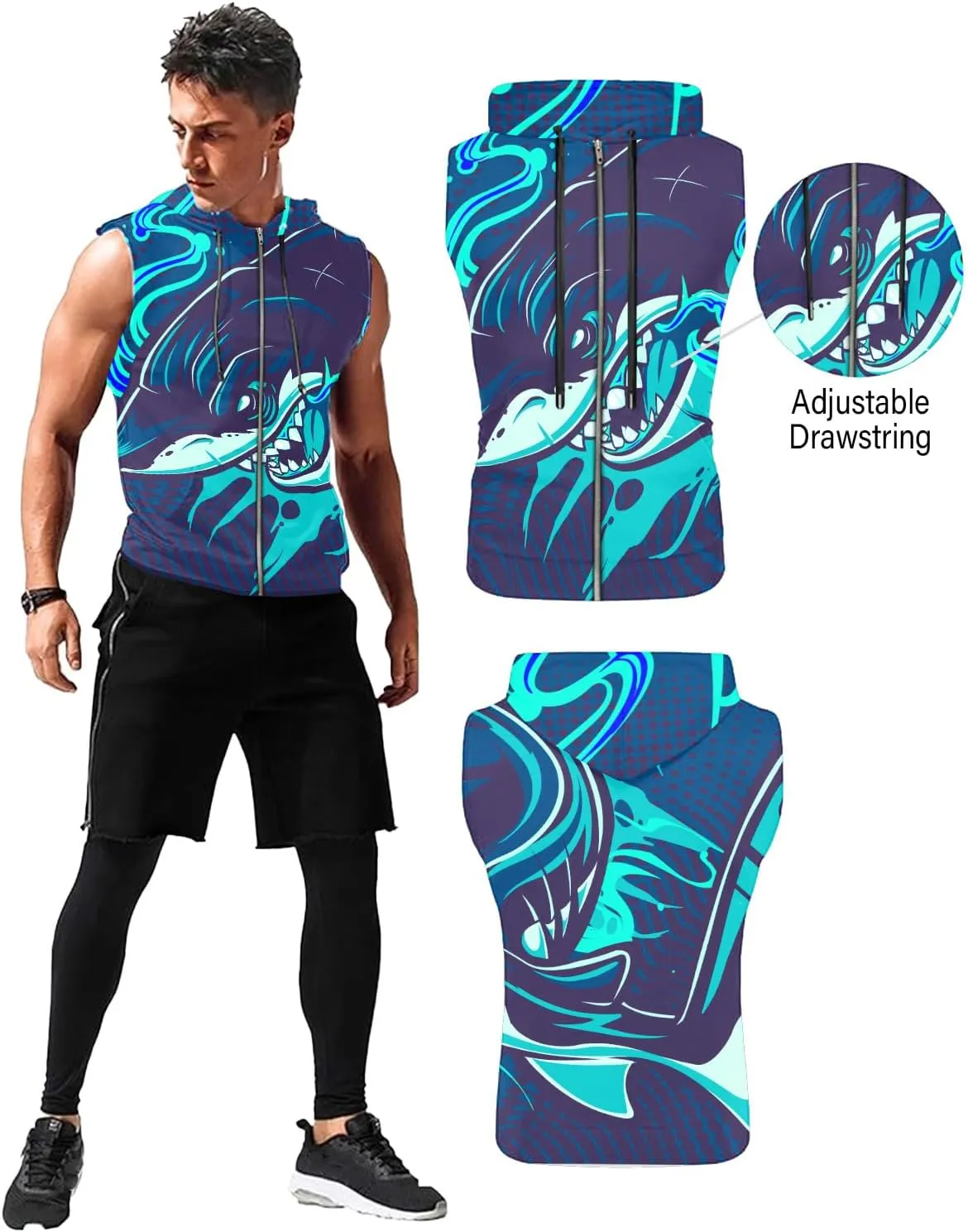 Mens Fashion Muscle Hooded Workout Hooded Tank Tops with Pocket Gym Training Zip Hoodies Sleeveless