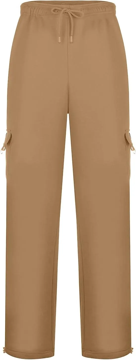 Men's Heavyweight Fleece Cargo Sweatpants Drawstring Elastic Waist Open Bottom Athletic Joggers Pants for Men with Pockets