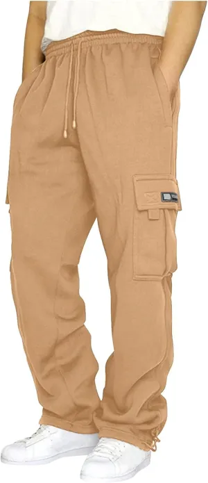 Men's Heavyweight Fleece Cargo Sweatpants Drawstring Elastic Waist Open Bottom Athletic Joggers Pants for Men with Pockets