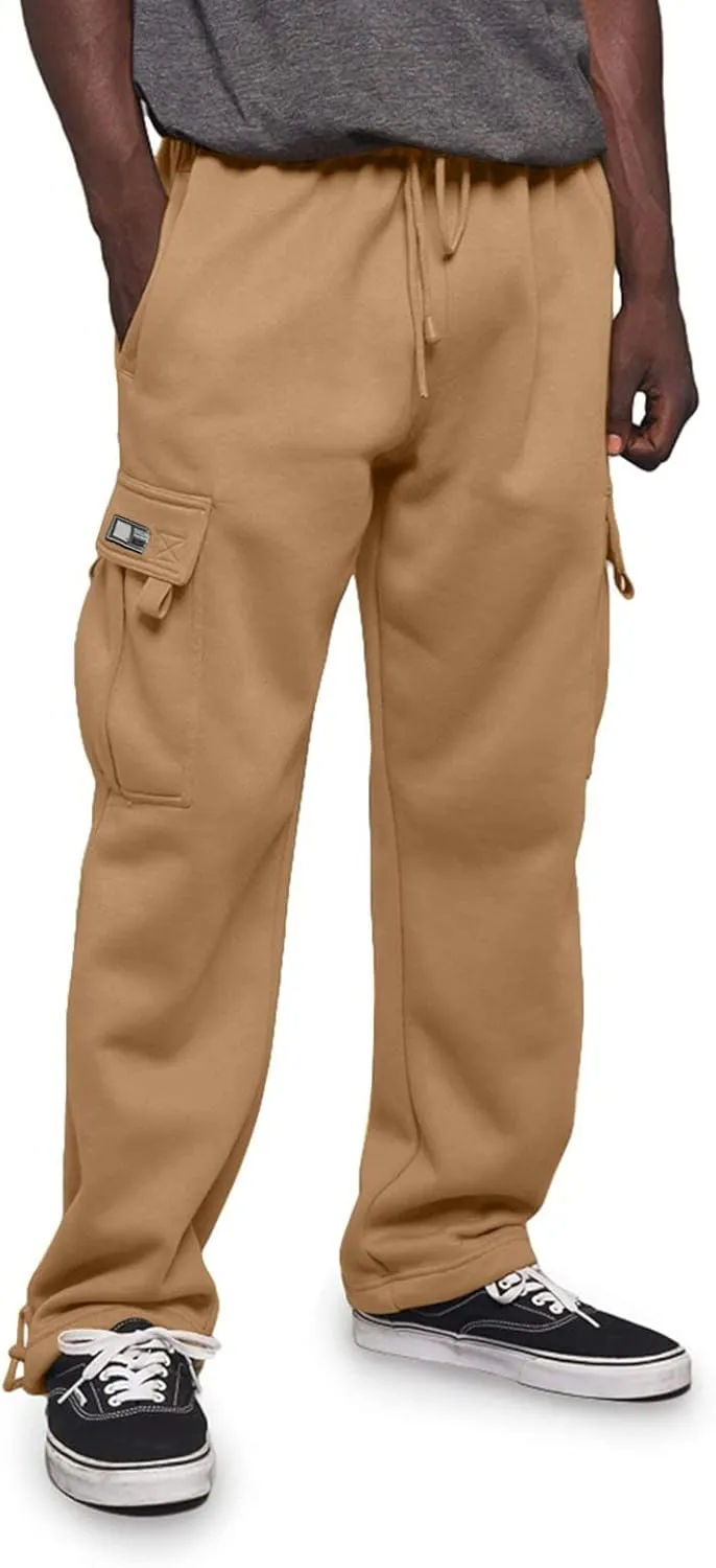 Men's Heavyweight Fleece Cargo Sweatpants Drawstring Elastic Waist Open Bottom Athletic Joggers Pants for Men with Pockets