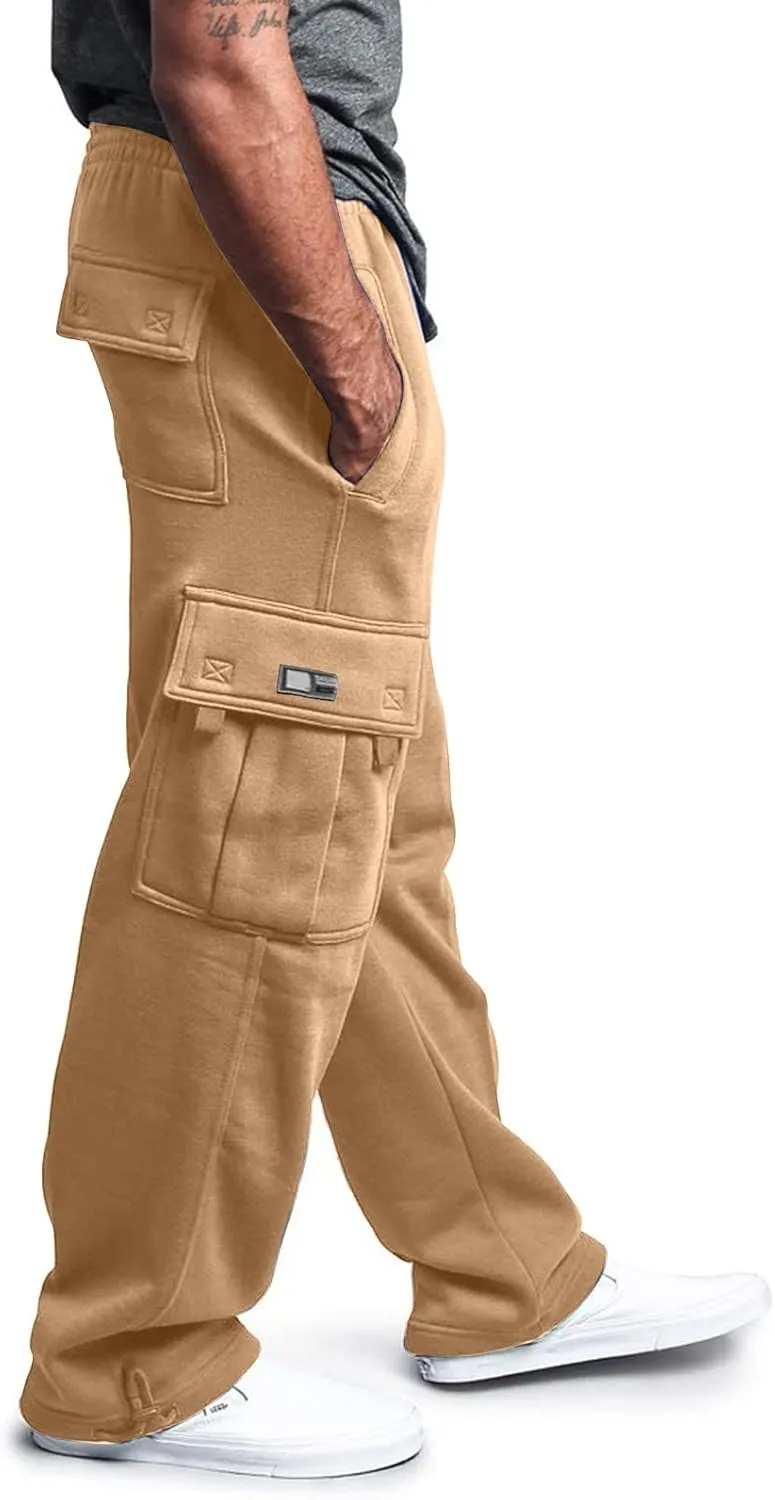 Men's Heavyweight Fleece Cargo Sweatpants Drawstring Elastic Waist Open Bottom Athletic Joggers Pants for Men with Pockets