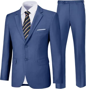 Men's Slim Fit 2 Piece Suit, Two Button Solid Suit Jacket Pants Set, Wedding Prom Suit