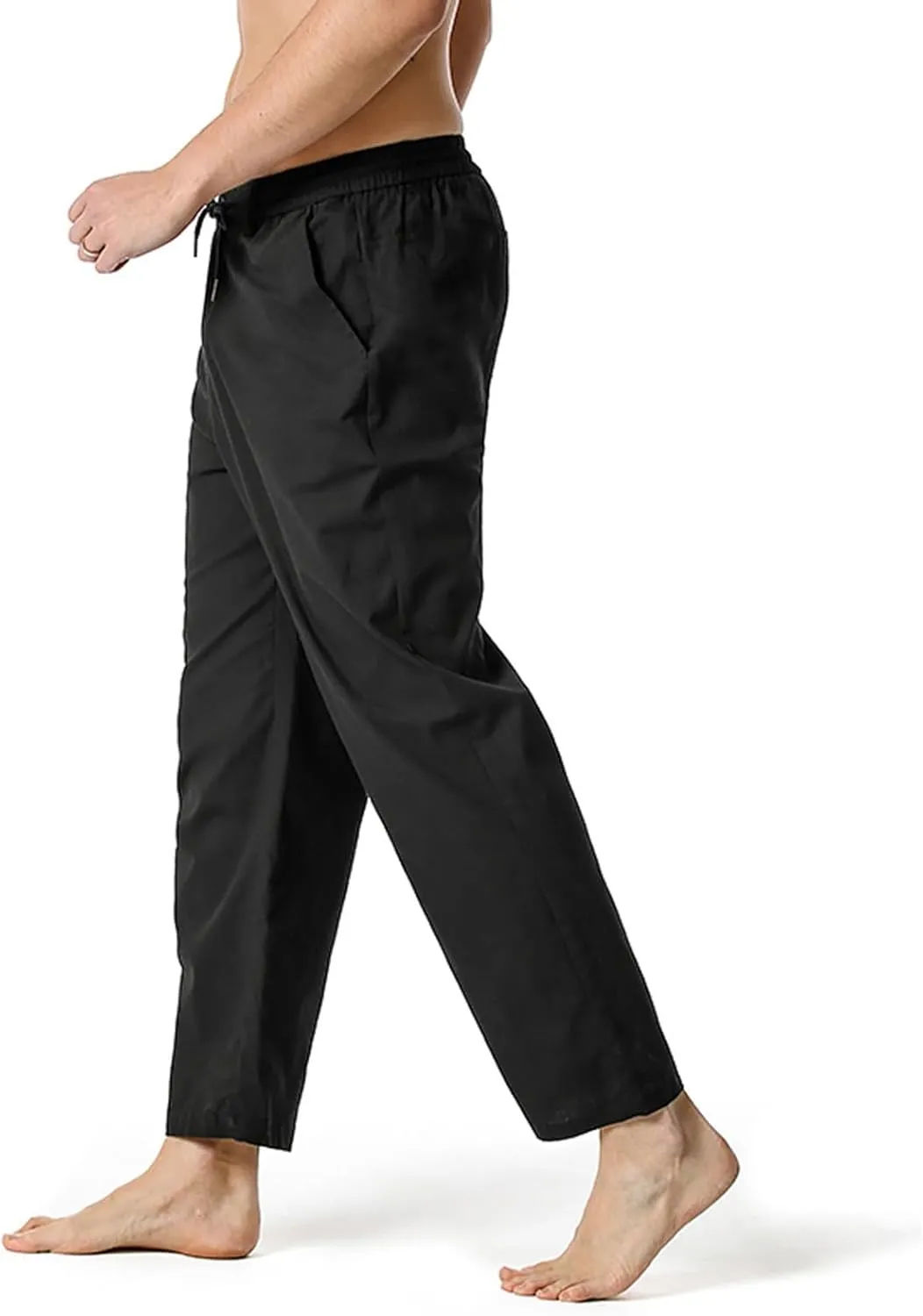 Mens Slim Fit Cotton Linen Pants Straight Leg Elastic Waist Classic Chino Pants Lightweight Beach Yoga Trousers with Pockets