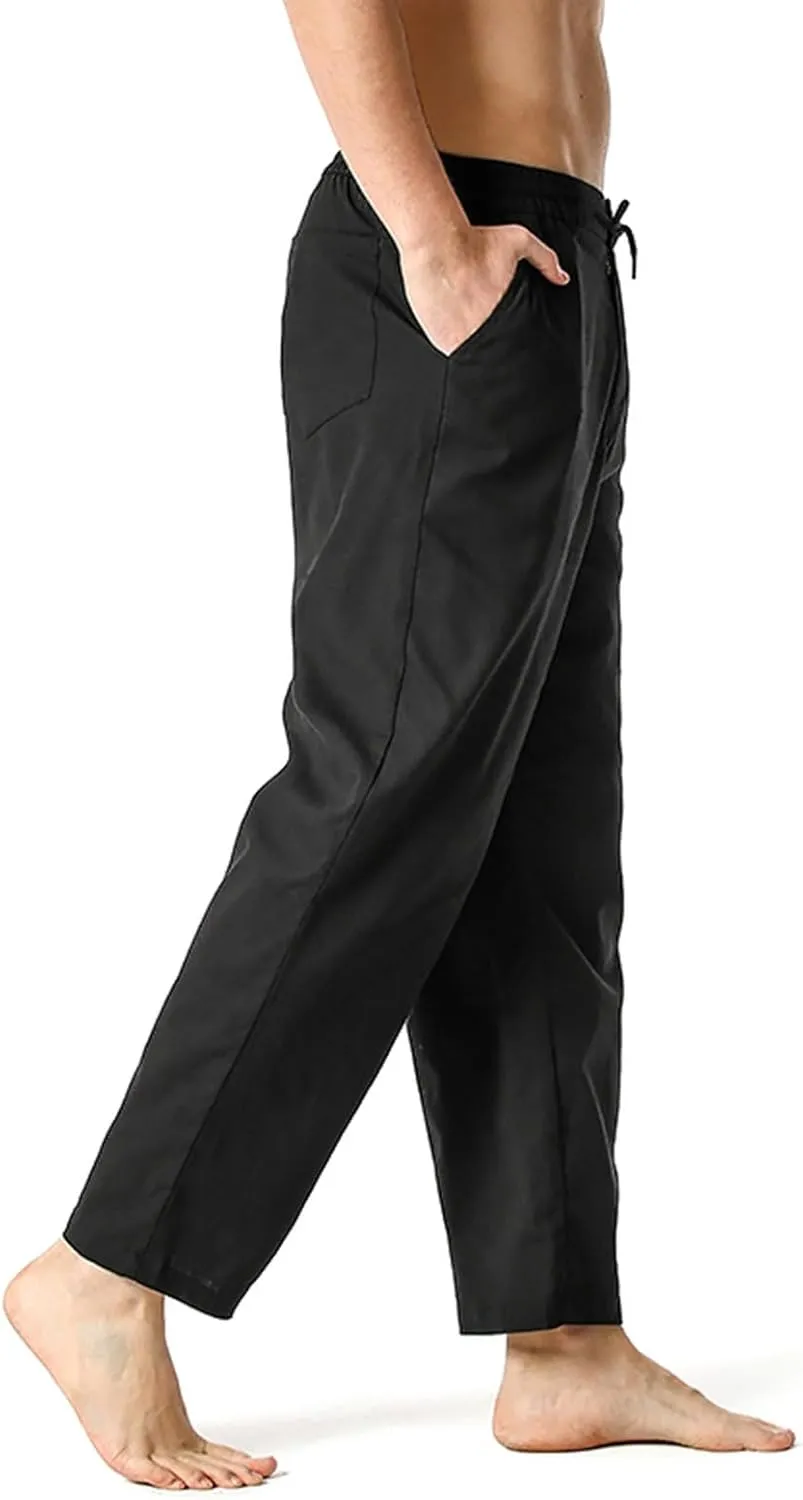 Mens Slim Fit Cotton Linen Pants Straight Leg Elastic Waist Classic Chino Pants Lightweight Beach Yoga Trousers with Pockets