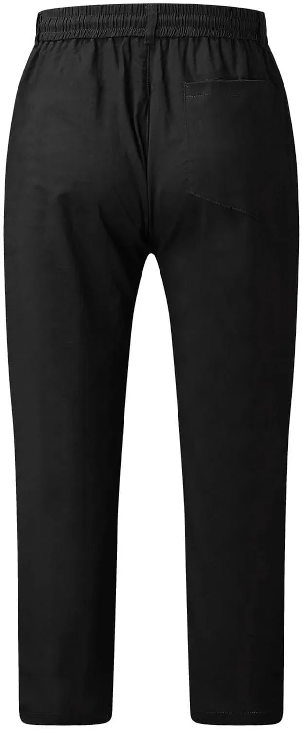 Mens Slim Fit Cotton Linen Pants Straight Leg Elastic Waist Classic Chino Pants Lightweight Beach Yoga Trousers with Pockets