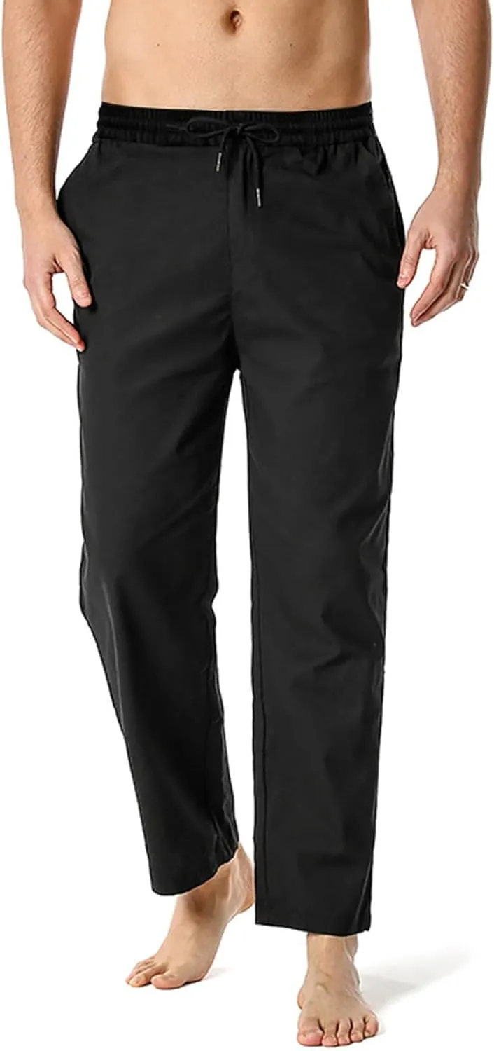 Mens Slim Fit Cotton Linen Pants Straight Leg Elastic Waist Classic Chino Pants Lightweight Beach Yoga Trousers with Pockets