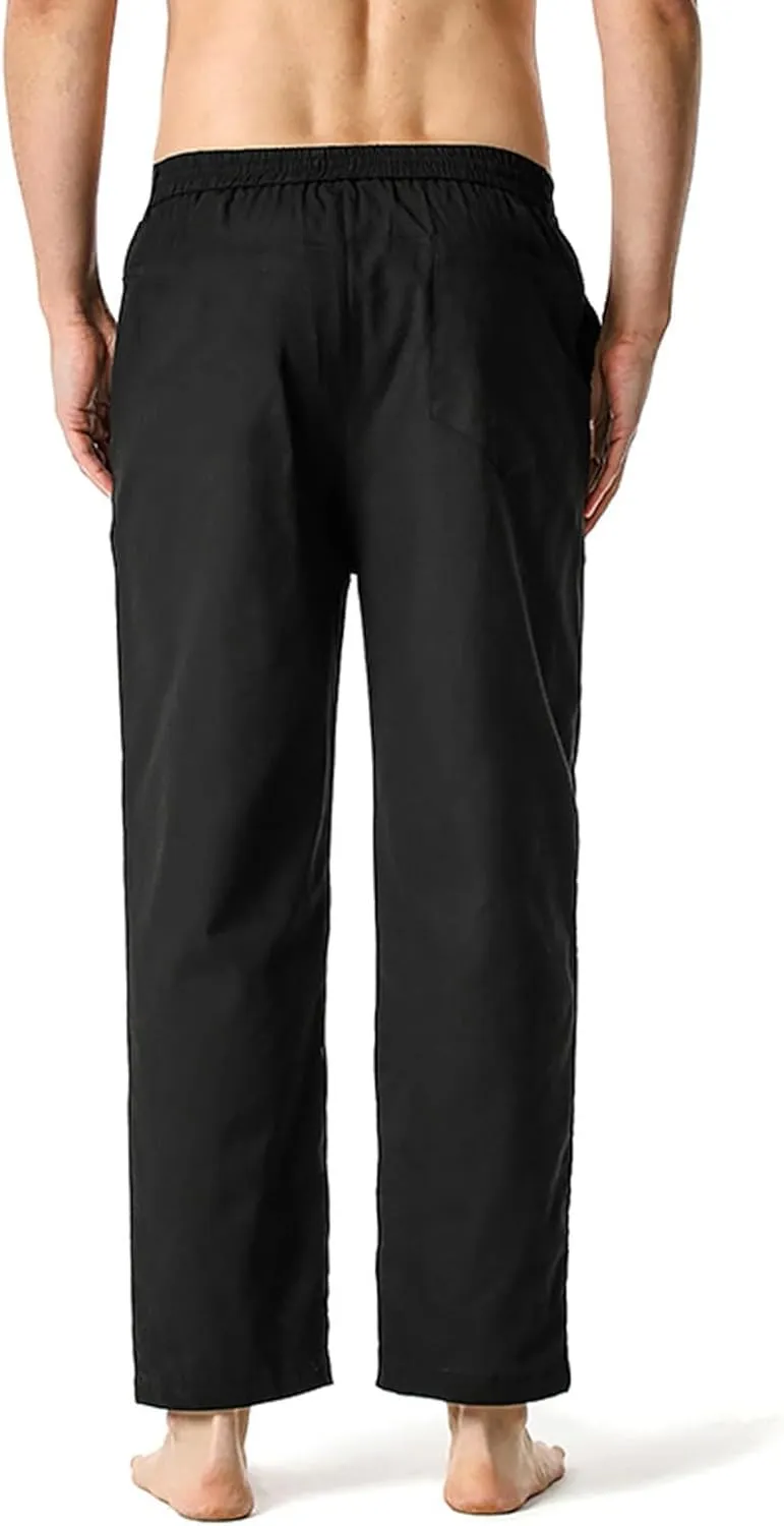 Mens Slim Fit Cotton Linen Pants Straight Leg Elastic Waist Classic Chino Pants Lightweight Beach Yoga Trousers with Pockets