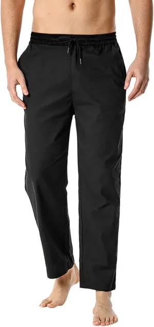 Mens Slim Fit Cotton Linen Pants Straight Leg Elastic Waist Classic Chino Pants Lightweight Beach Yoga Trousers with Pockets