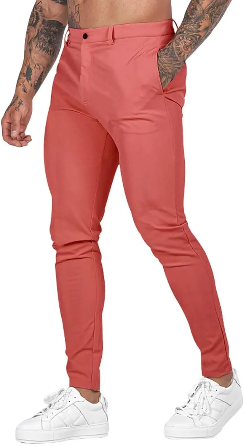 Mens Slim Fit Dress Pencil Pants Classic Flat Front Straight Leg Chinos Pants Business Suit Work Casual Golf Trousers