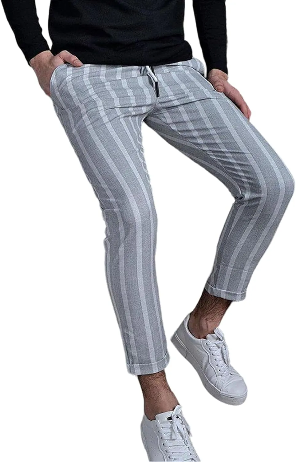 Men's Striped Chinos Pants Slim Fit Drawstring Waist Stretchy Flat Front Skinny Dress Pants with Pockets for Everyday