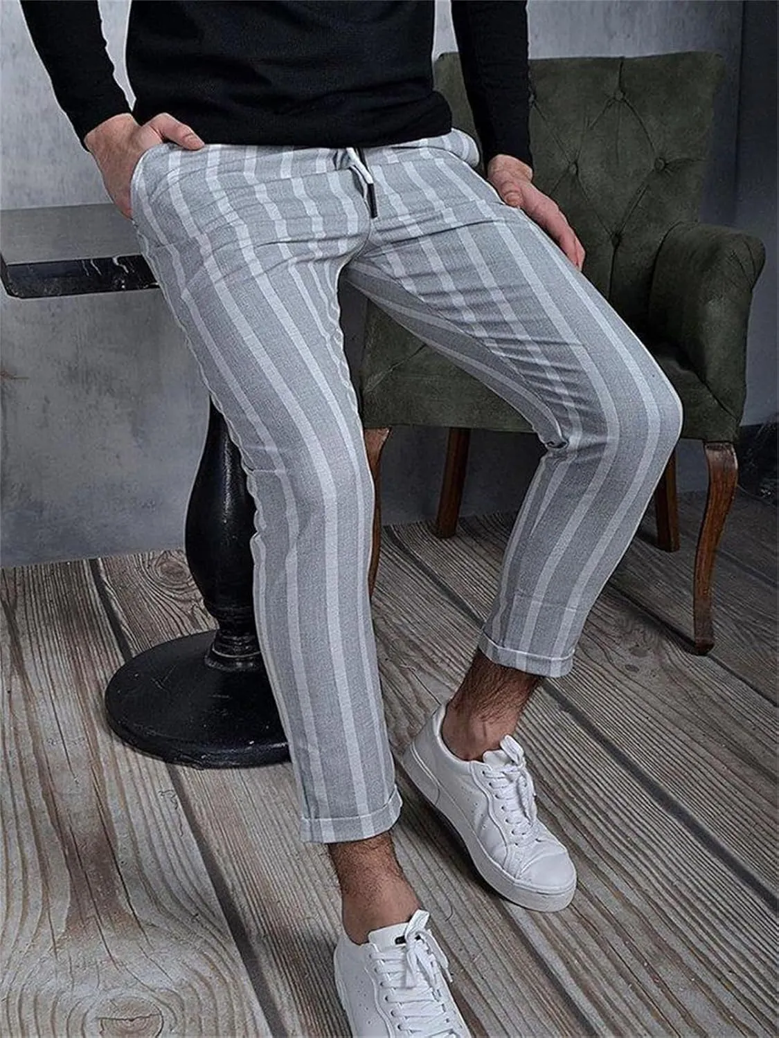 Men's Striped Chinos Pants Slim Fit Drawstring Waist Stretchy Flat Front Skinny Dress Pants with Pockets for Everyday