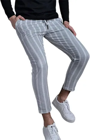 Men's Striped Chinos Pants Slim Fit Drawstring Waist Stretchy Flat Front Skinny Dress Pants with Pockets for Everyday
