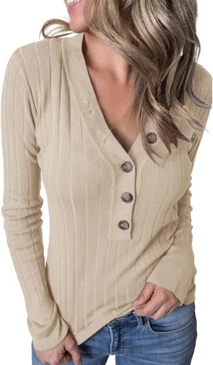 MEROKEETY Women's 2024 Long Sleeve V Neck Ribbed Button Knit Sweater Solid Color Tops